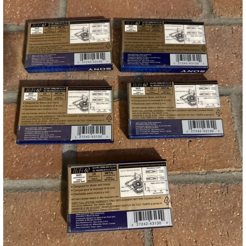 SONY HiFi 60 Minute Blank Normal Bias Cassette Tapes Sealed NEW Lot of 5